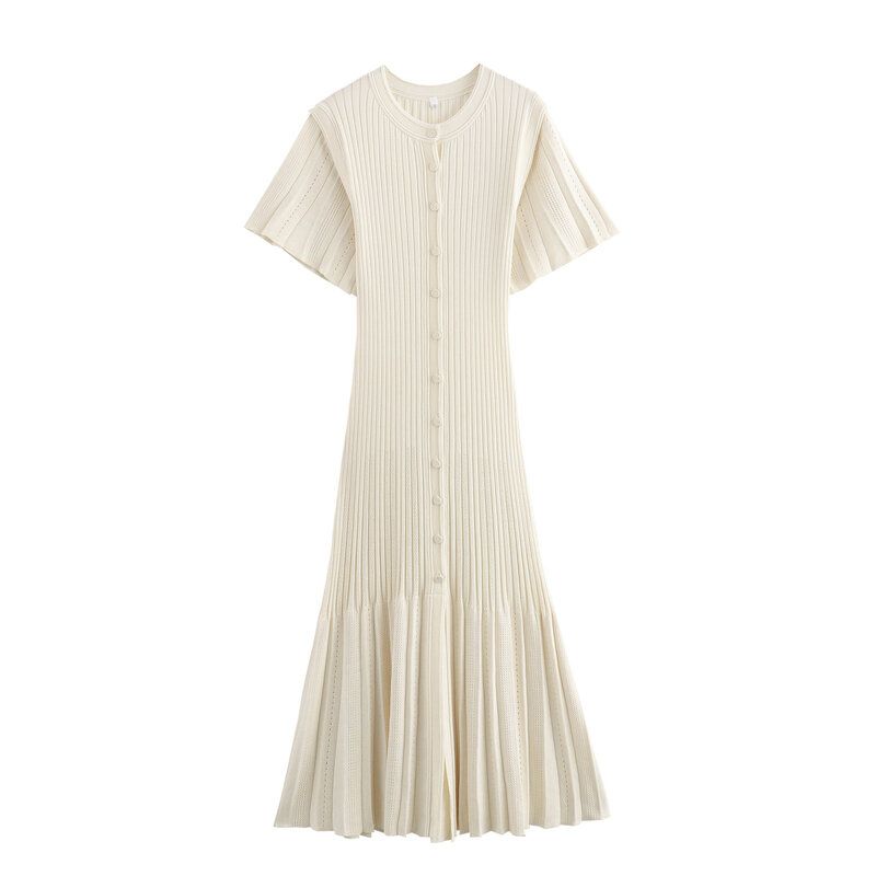 Western Style 2024 Autumn New Women Clothes Slim Fit Two-Color Knitted Single-Breasted Long Dress Fishtail Skirt