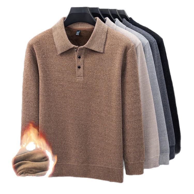 Men's Solid Mink Fleece Polo Sweater - Warm, Thick Lapel Shirt for Autumn/Winter