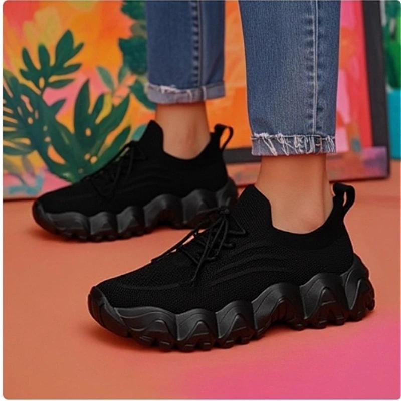 Avant Garde Women'S Knitted Shoes Mesh Can Stretch Lightweight Thick Soled Shoes Cushioning Versatile For Daily Use Light Shoes