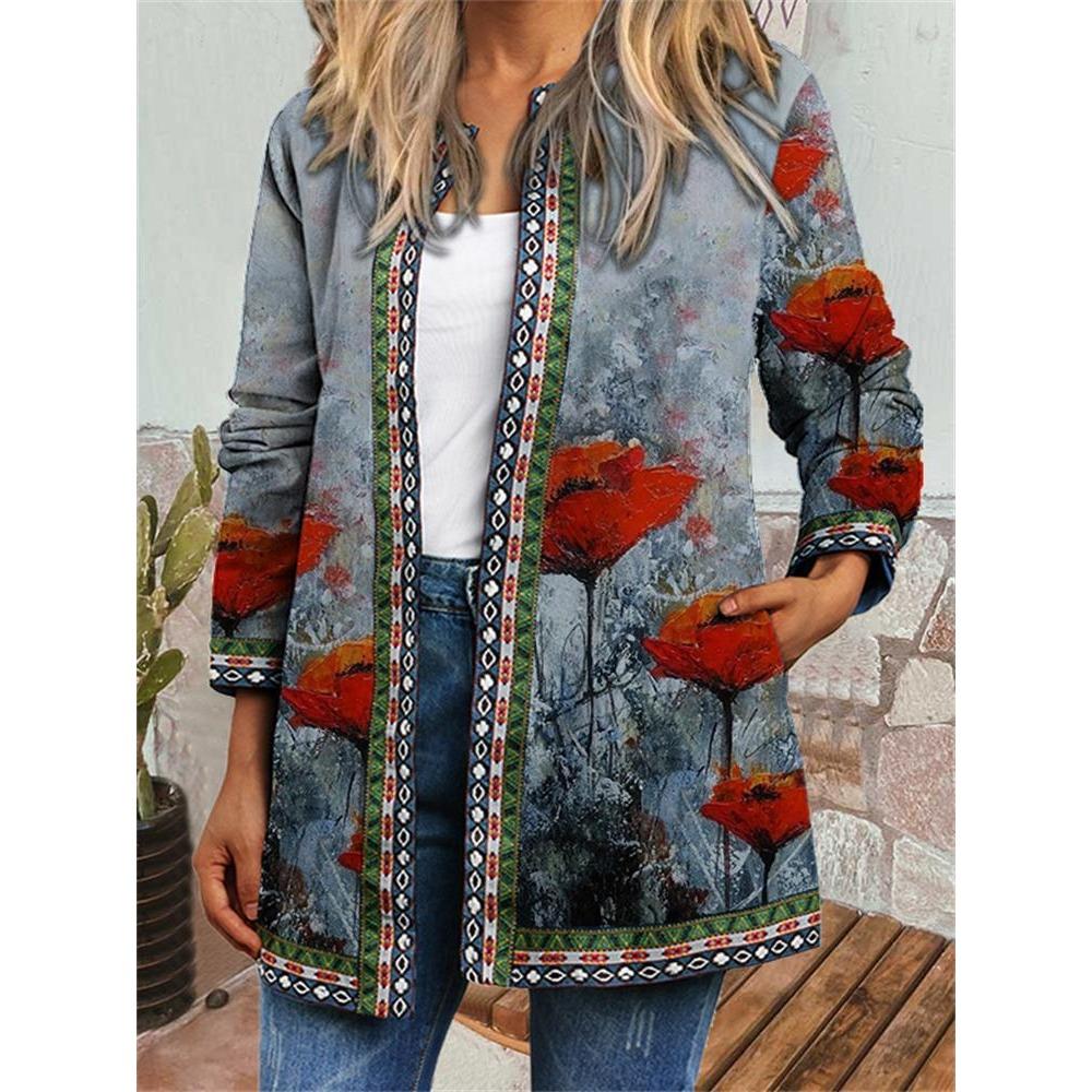 GMXIA Herbst Winter Vintage Ethnischer Stil Druck Übergröße Jacke Strickjacke Damenbekleidung