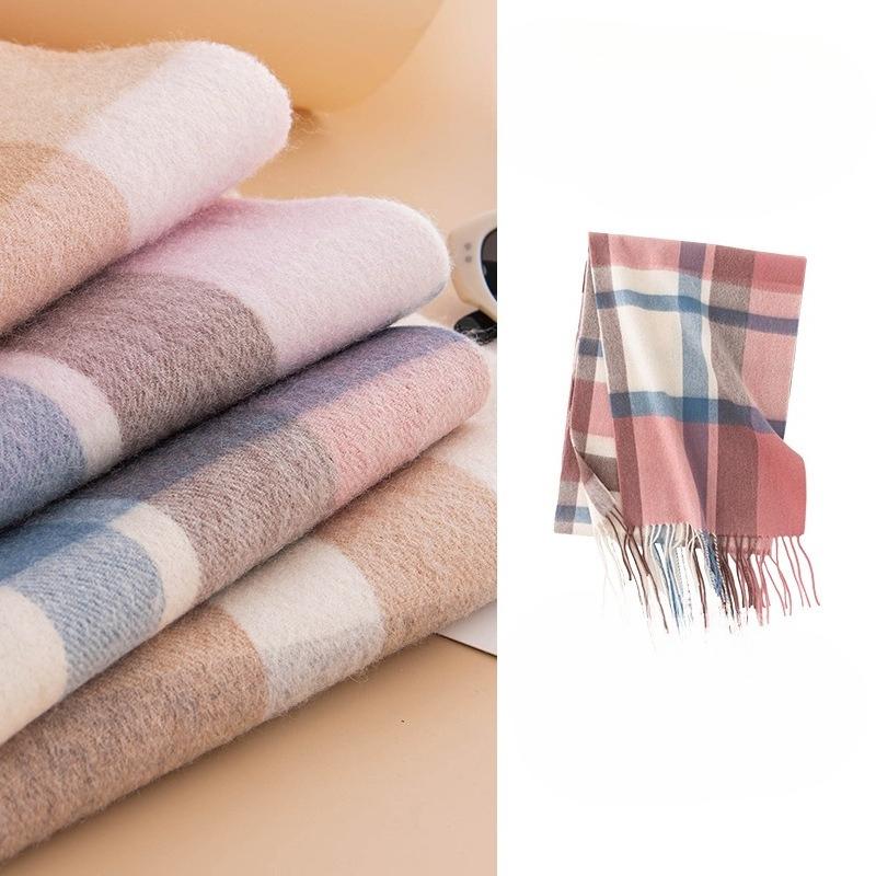 Pure Lamb Wool Scarf for Women in Winter Versatile Plaid Couple Warm High End Men's Scarf