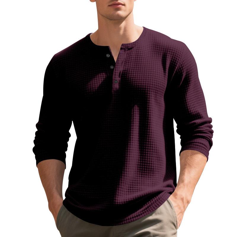 Men's Jacquard Small Square Buckle Henley Long Sleeve Retro Base T-shirt
