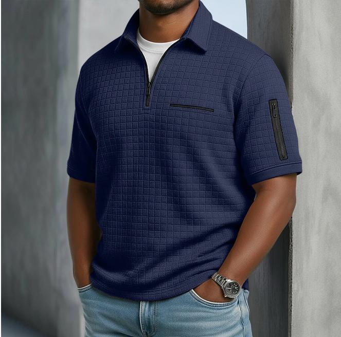 Men's Slim Fit Plaid Short Sleeve Shirt Zipper Front Casual Top with Decorative Arm Zip Pockets