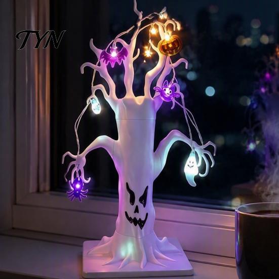 Desktop Decorations for Home Halloween Lighted Ghost Tree Centerpiece with LED Lights, Pumpkin Bat Spooky Desk Ornaments Spider Light String,
