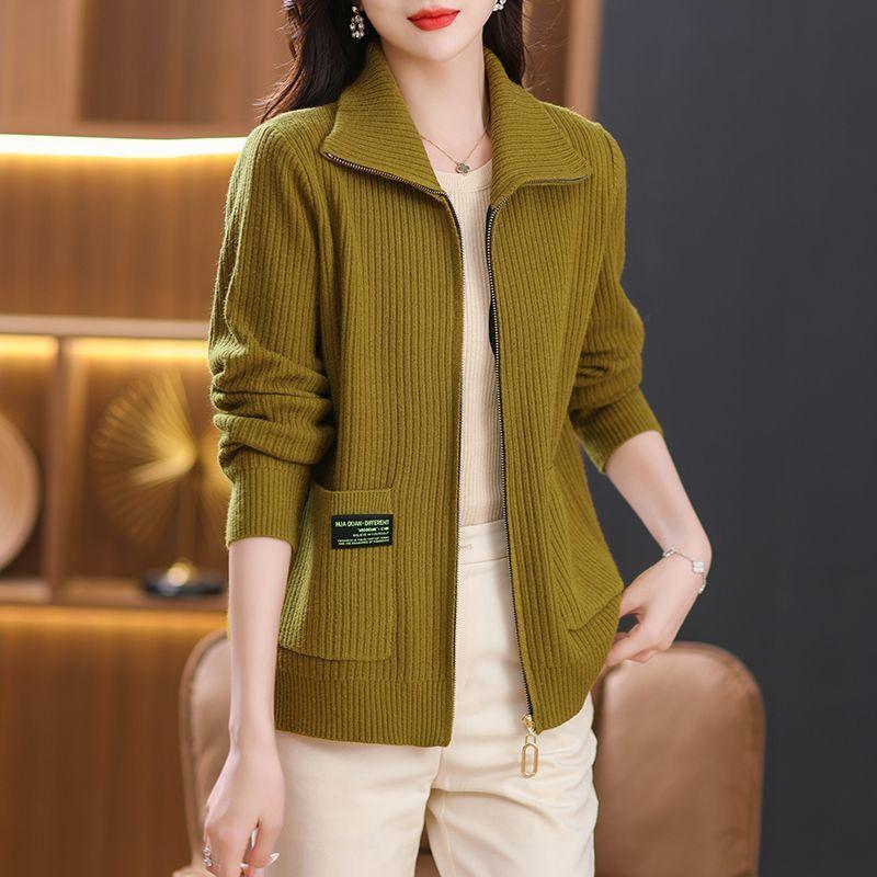 Women's Cardigans Sweaters Outerwear Spring and Autumn Knitwear Lapels Zippered Pockets
