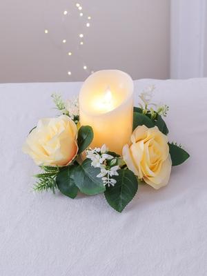 2 Pcs Artificial Candlestick Garland Mini Artificial Rose Flowers Wedding Decorations Candle Holder Candle Wreath for Pillars Artificial Flower Wreath