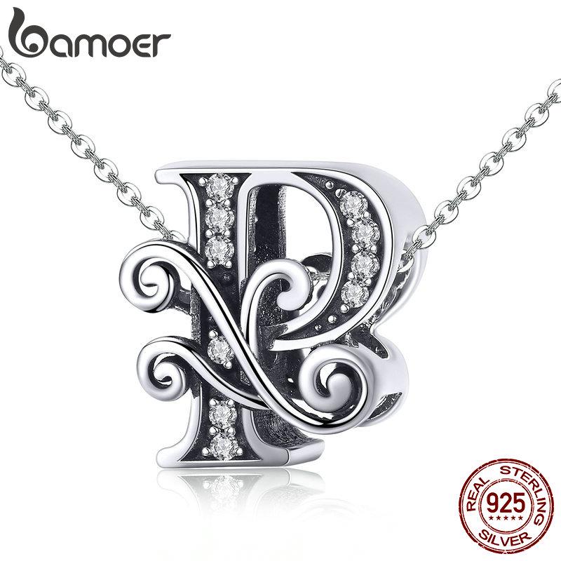 BAMOER Genuine 925 Sterling Silver Letter P Alphabet Beads Charms Fit Charm Bracelets & Bangles DIY