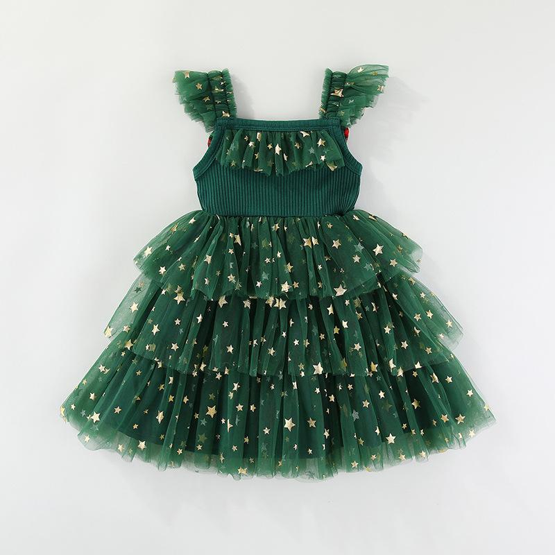 Toddler Girl Christmas Tutu Dress Sleeveless Layered Tulle Outfit for Girls Glitter Star Pompom Embroidery Tulle Tiered Twirl Holiday Dresses