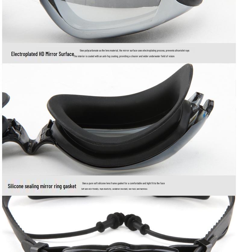 Yuke Myopia Anti-Fog Electroplated Swim Goggles with Earplugs for Adults - Large Frame & HD Vision