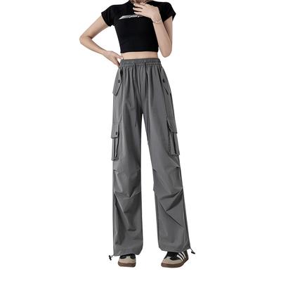 Gray Ice Silk Wide-leg Pants for Women In Summer Thin American Vintage Style Quick-drying Sweatpants High-Waist Everyday Straight-leg Work Pants