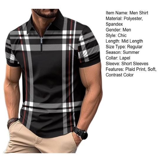 Pánská letní košile klopa zip barevně ladící kostkovaný pruhovaný potisk Slim Fit svetr s krátkým rukávem střední délka měkký prodyšný pánský top