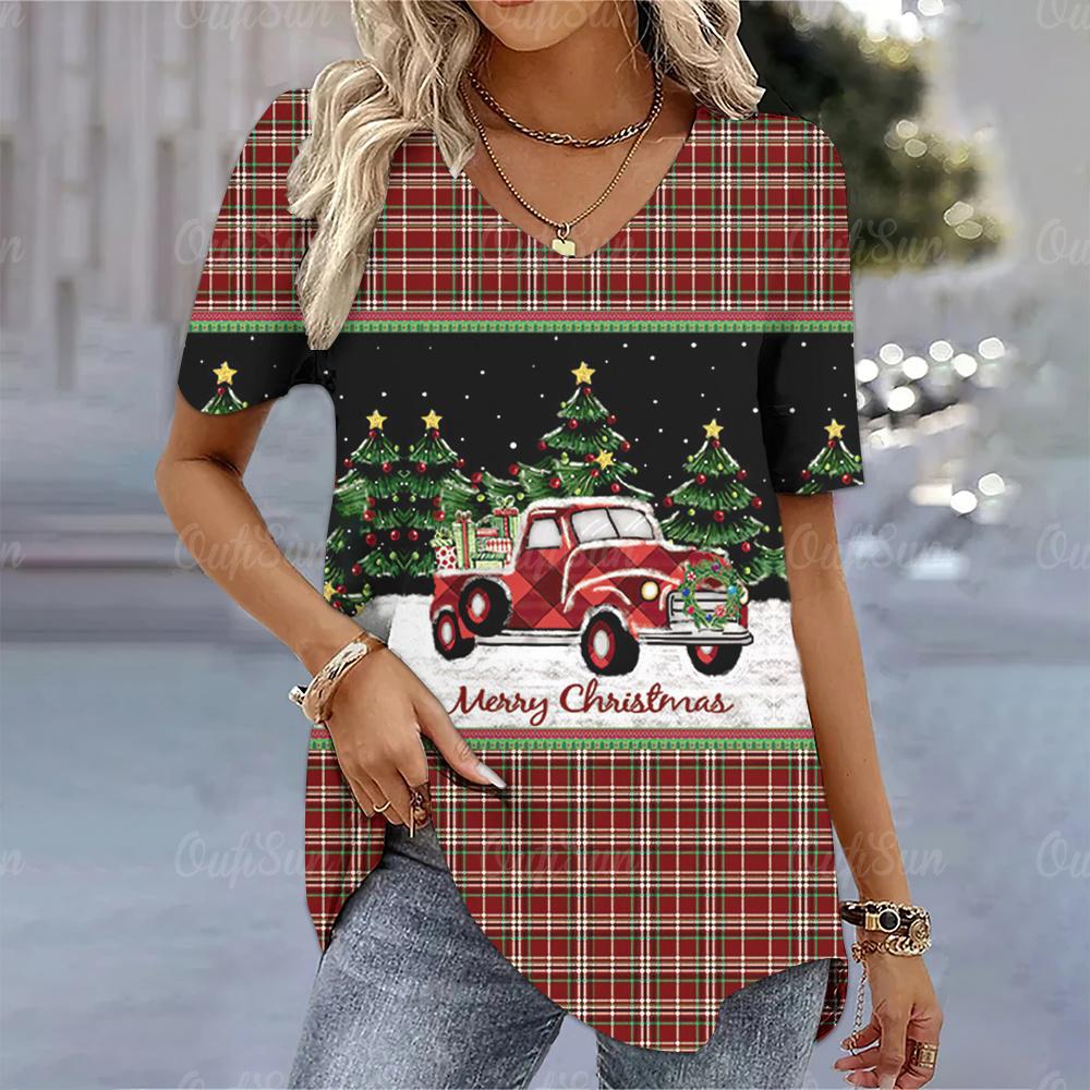 

Christmas Women s T-Shirt 3d Printed Short Sleeve Tees Christmas T Shirt For Women Fashion V-Neck Top Holiday Oversized Clothing S