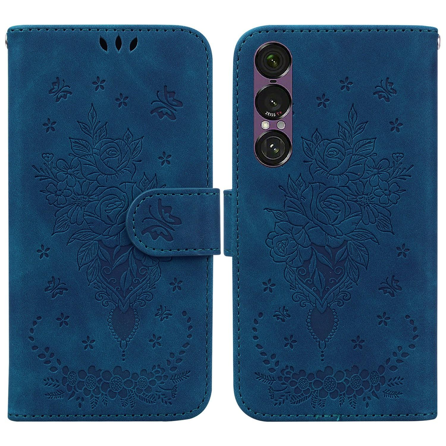 

For Sony Xperia 1 VII Case Butterfly Flower Imprint PU Leather Wallet Phone Cover with Strap Blue