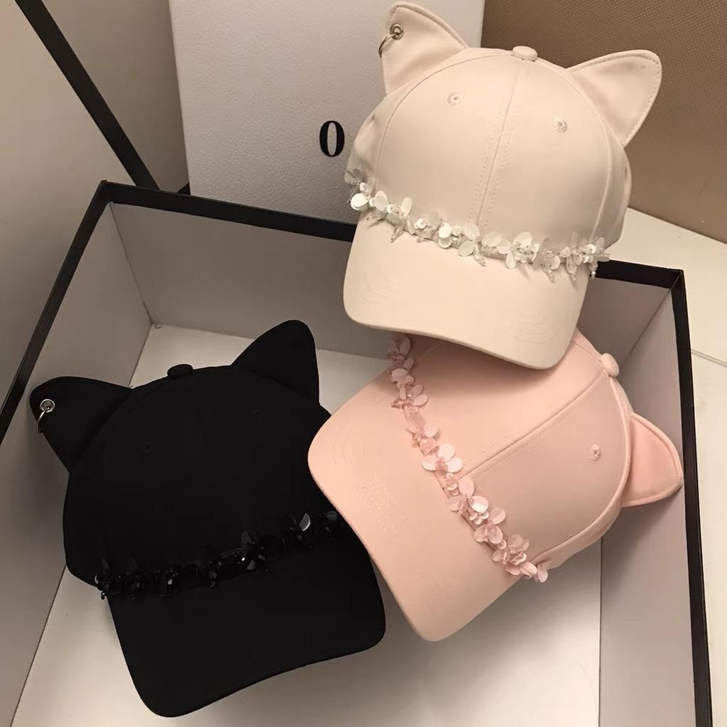 Spring and Summer New Sweet Cat Ears Cute Baseball Cap Small Fragrant Wind Crystal Couple Hard Top Cap