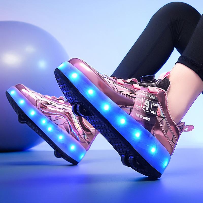 Children's runaway shoes Four-wheel LED light luminous shoes Shrinkable runaway shoes Sports student pulley shoes yo