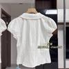 White Peter Pan Collar Puff Sleeve Blouse Short Sleeve Button Down Shirt Casual Daily Top Women