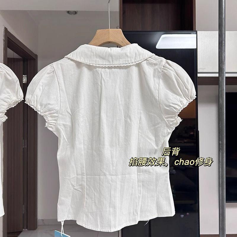 White Peter Pan Collar Puff Sleeve Blouse Short Sleeve Button Down Shirt Casual Daily Top Women