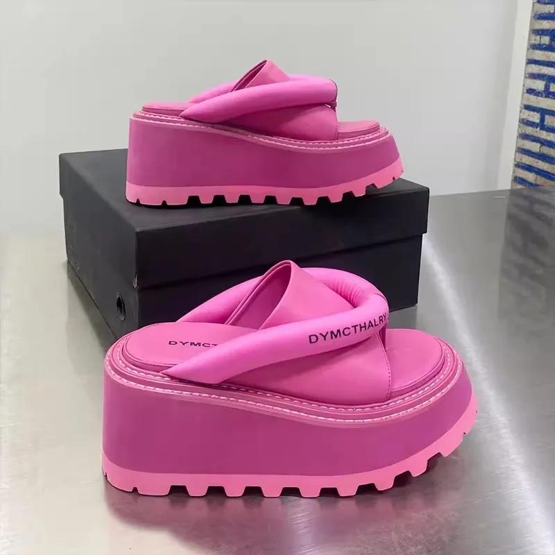 Fashion Women Slippers Summer Wedges Round Toe Women's Sandals Black Pink High Heels Platform Dress Women Flip-flops Zapatillas De Mujer