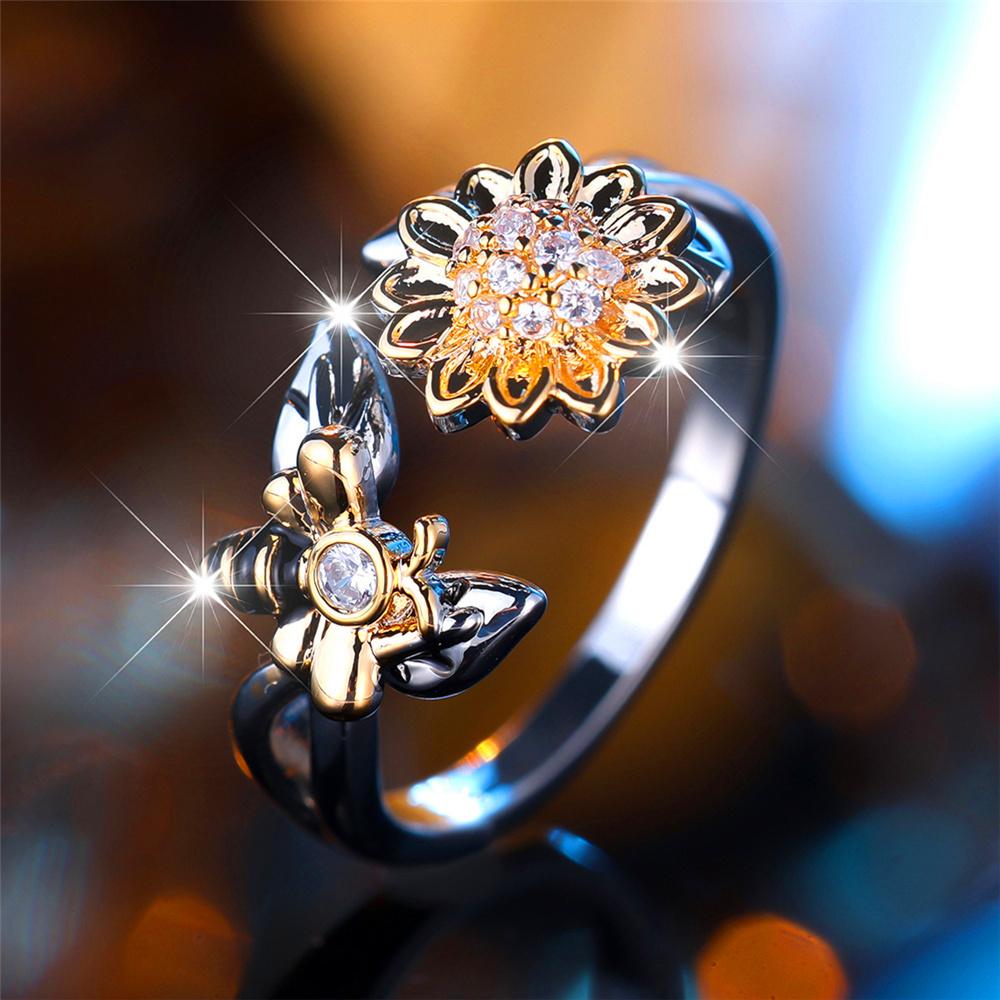Charm Female White Crytal Adjustable Sunflower Bee Open Ring Silver Gold Color Cute Gift Wedding Jewelry For Women