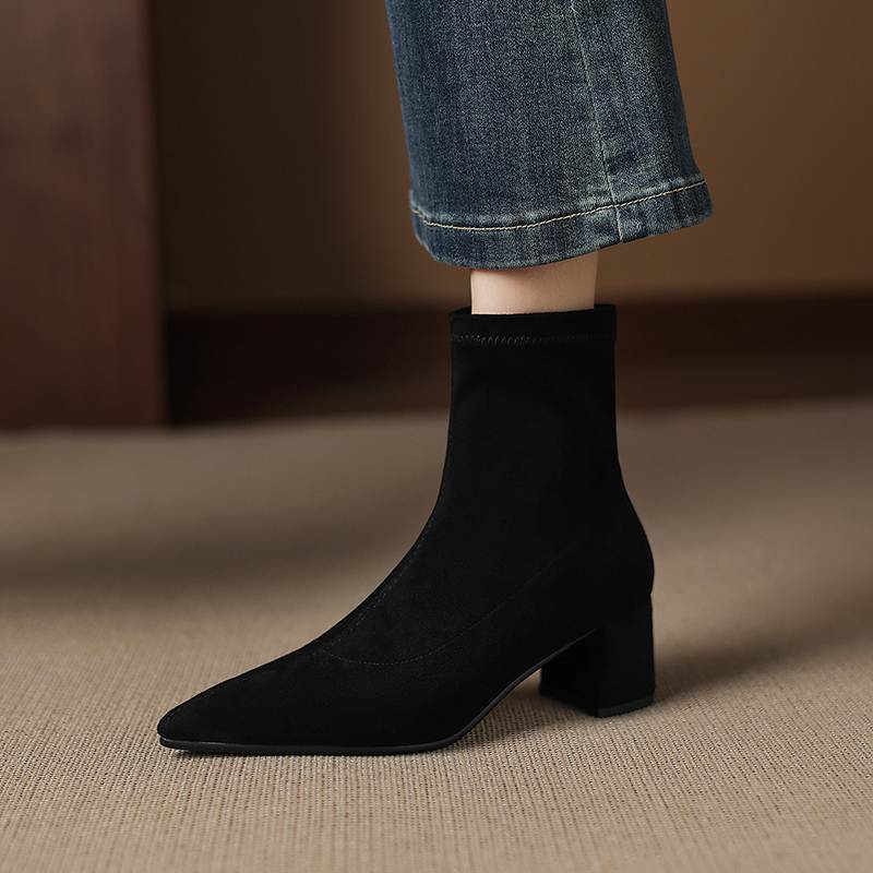 Krazing Pot Flock Pointed Toe Thick Heels Chelsea Boots Size 43 Zip Beauty Lady Women Ankle Boots