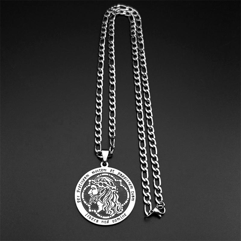 Christian Jesus Crown of Thorns Pendant Necklace Women Men Stainless Steel Silver Color Crucifix Chain Latin Amulet Jewelry
