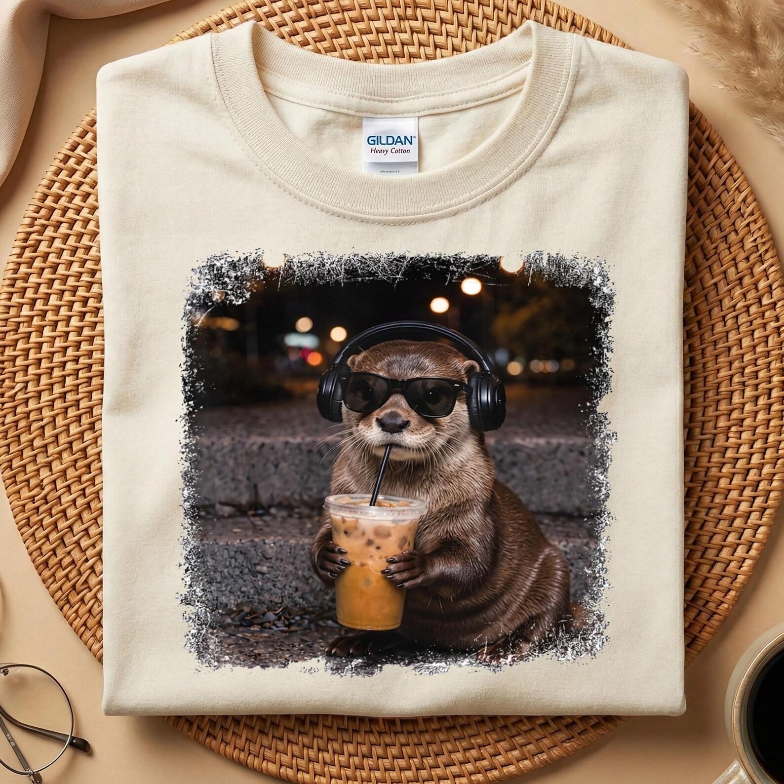 Cool Otter Boba Tea T-Shirt, Funny Otter Headphones Shirt, Otter Lover Gift Tee, Cute Otter Coffee Shirt, Aesthetic Animal Graphic Tee S