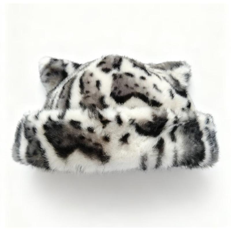 Leopard Print Plush Bear Hat for Women In Winter Sweet and Cute Thickened Cold-proof and Warm Retro Versatile Head Cover Hat