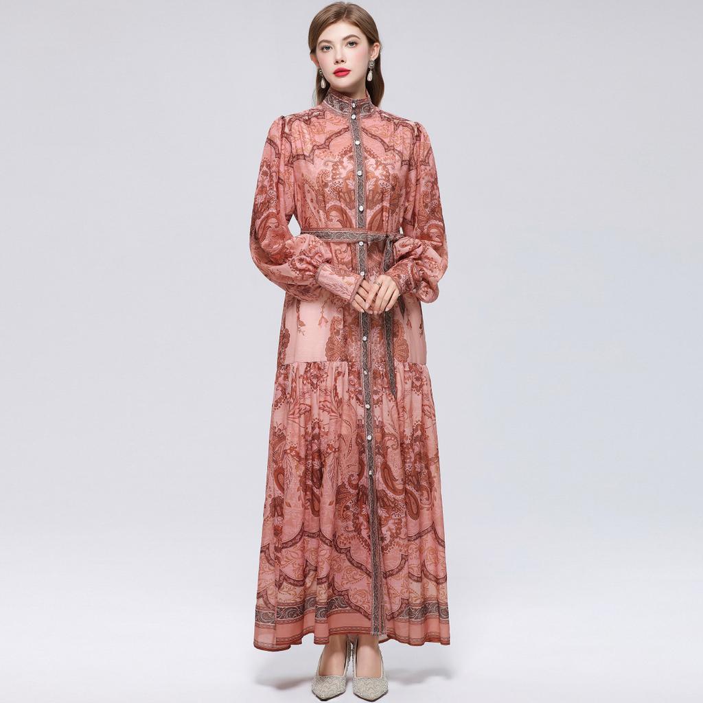 Women's Floral Pattern Printed Stand Collar Lantern Sleeve Holiday Dress Summer Autumn New Fashion Vintage Chiffon Long Maxi Dress