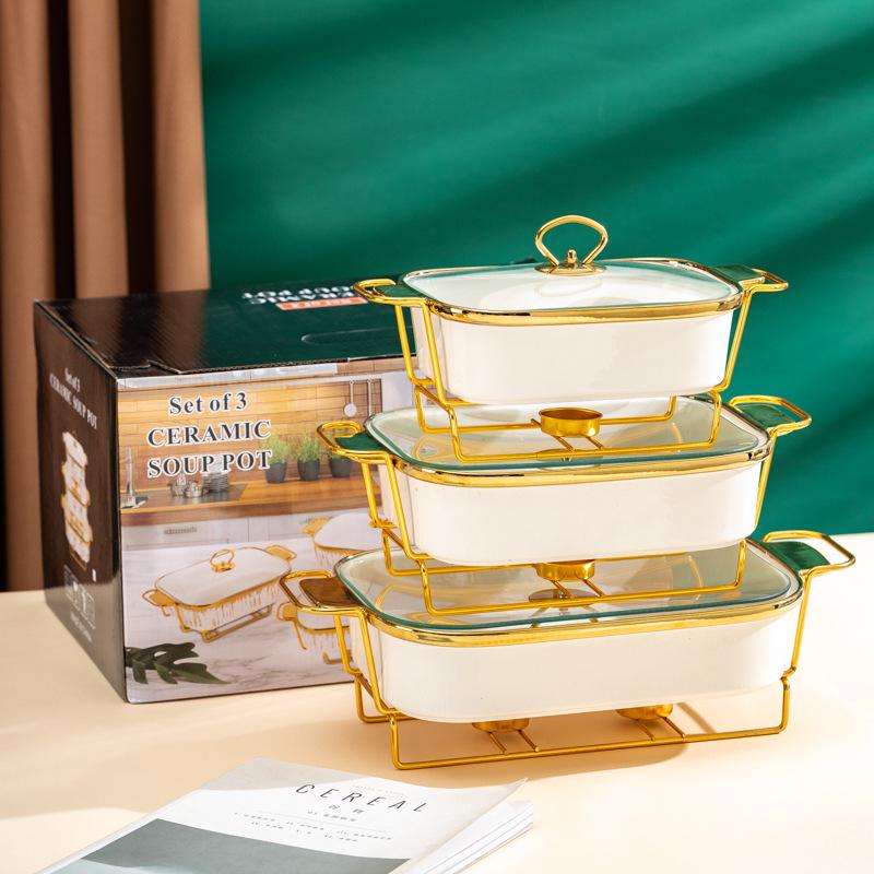Luxury Ceramic Tableware Set: Rectangular Baking Pan, Casserole Stand, Candle-Heated Soup & Dry Pot