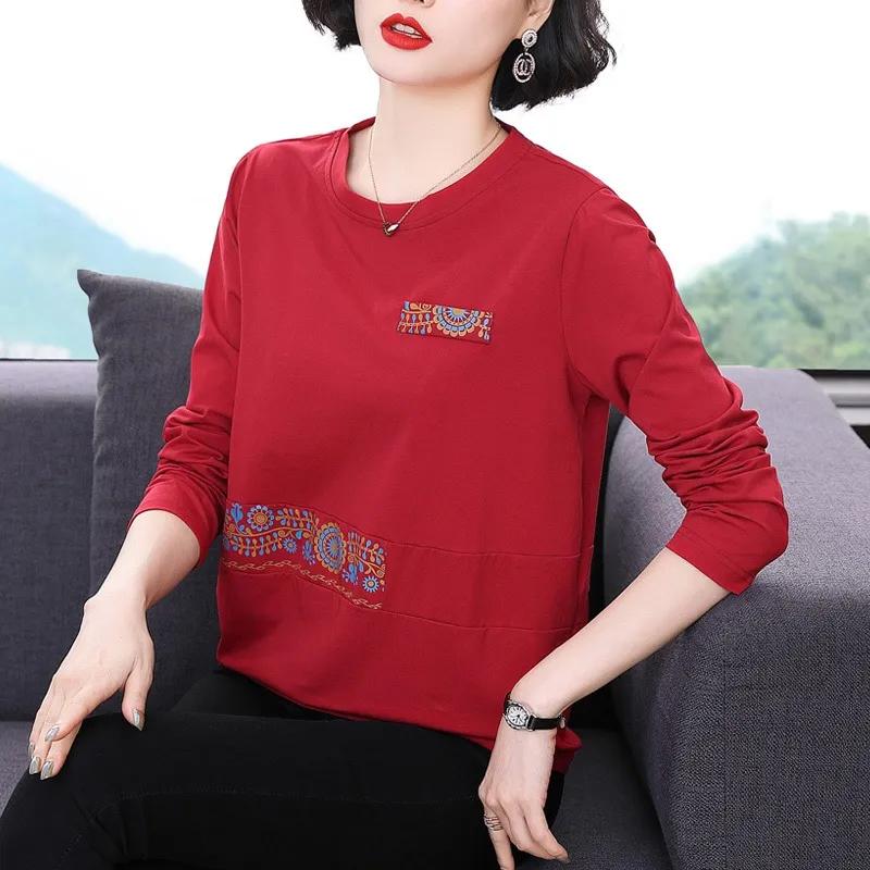 

Middle-aged Mother Pure Cotton T-shirt Women s New Chinese New Year Red Fashion Top Clothes Spring L червоний