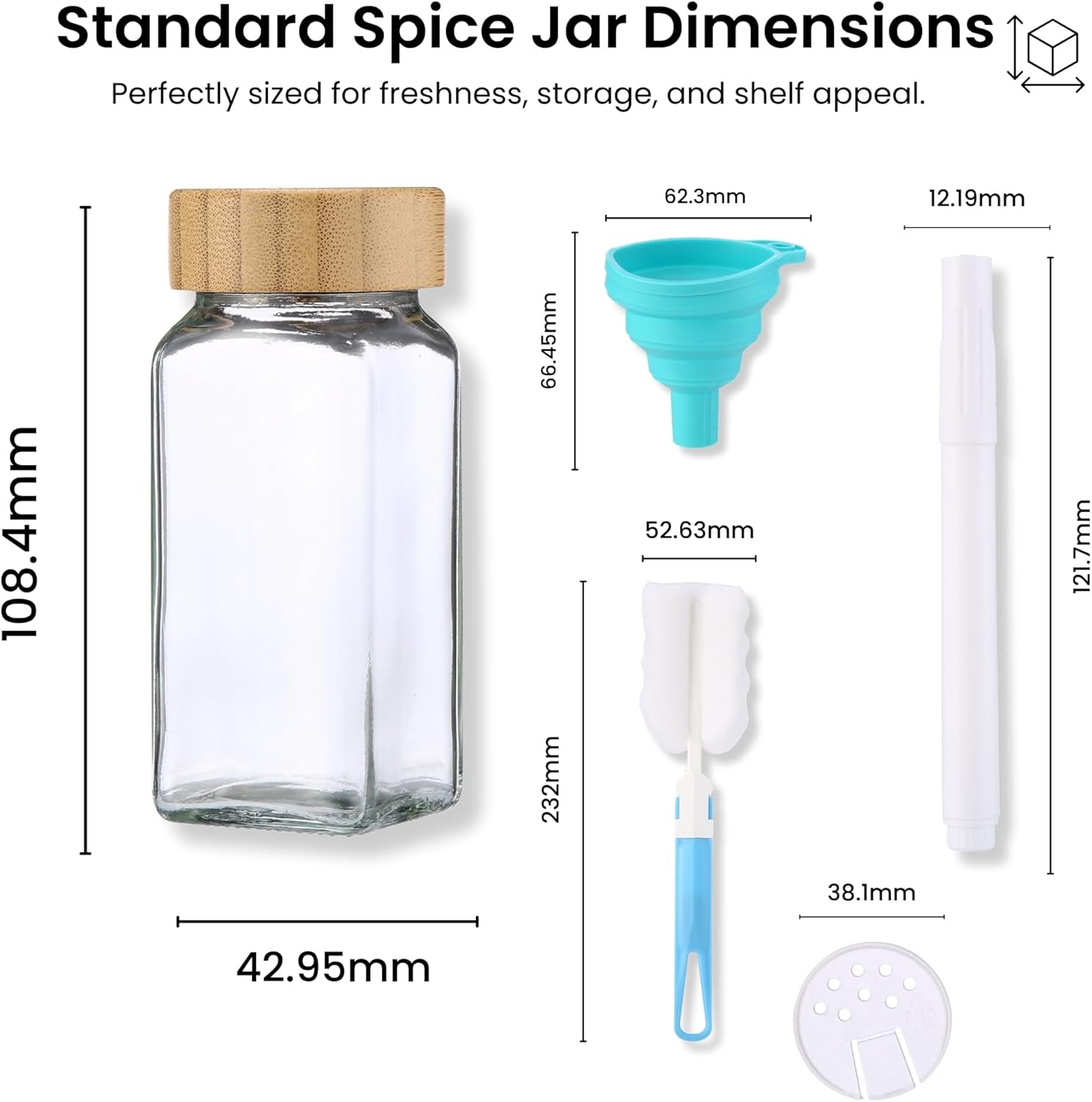 

24-Piece Glass Spice Jars with Wooden Lids, 4oz Set with Funnel, Brush, Pen & 70 Labels – Kitchen Storage United States