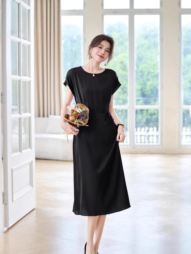 2026 New Elegant Mulberry Silk Mid-Length Dress - Round Neck & Casual Fit