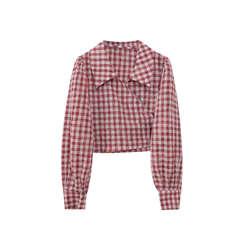 Interpret Beauty 2025 Early Spring French Retro Gingham Puff Sleeve Tie-Waist Women's Shirt