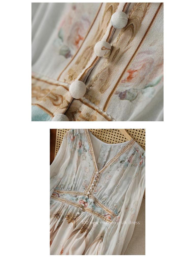 Elegant Spring 2025 Women's Slimming Bubble Sleeve Mulberry Silk Dress