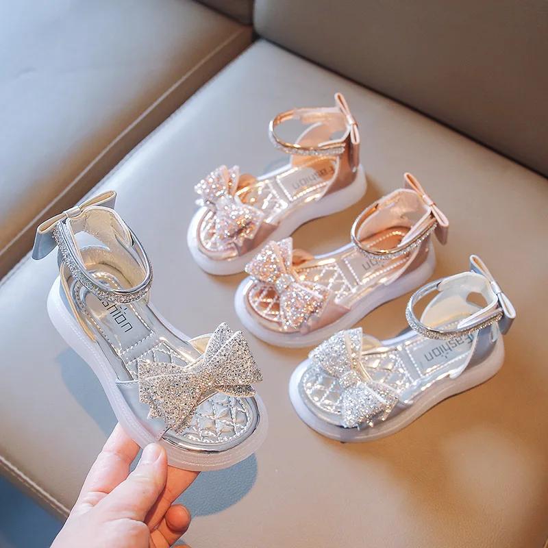 Girls Princess Sandals Summer Baby Sparkly Rhinestones Bow Shoes Fashion Non-slip Flat Children's Sandals Boots