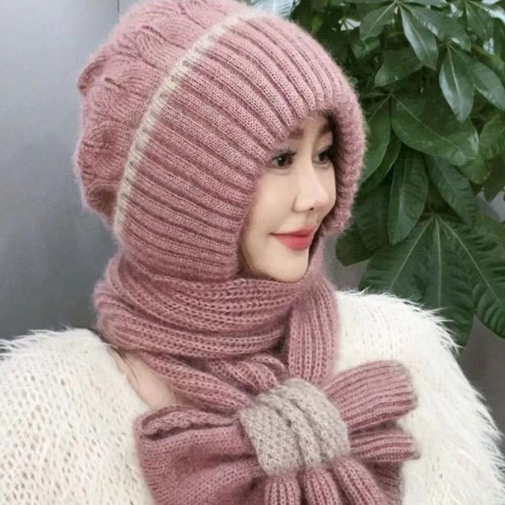 Knitted Snow Hat Integrated Ear Protection Windproof Cap Scarf Neck Warmer Cross Cycling Balaclavas Hat Soft Thicken Outdoor Cap