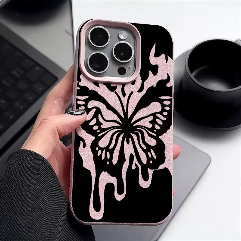 Kožené pouzdro s motýlím vzorem a texturou pro iPhone 16 Pro 15 14 13 12 Pro Max, nárazuvzdorné, matné, tenké, jednobarevné, TPU, měkké, proti pádům