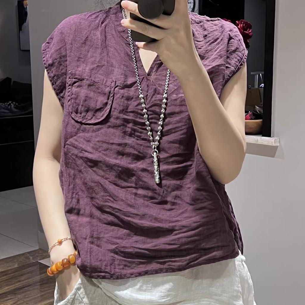 Women Vintage Linen Tank Top Summer Solid Color Drop‑Shoulder Loose Sleeveless Vest Casual Retro Literary Outer Wear Top