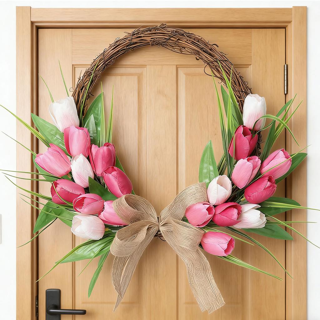 Flower Wreath Front Door Easter Wreath Fadeproof Artificial Spring Wreath for Indoor Outdoor Home Decor Red Pink White