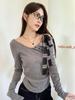 Chic Korean Grey One-Shoulder Bow T-shirt for Women - Sweet and Spicy Spring/Autumn Style