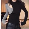 Original Quality Spicy Girl Cutout Color Block Long Sleeve Women's Slimming T-shirt for Autumn/Winter