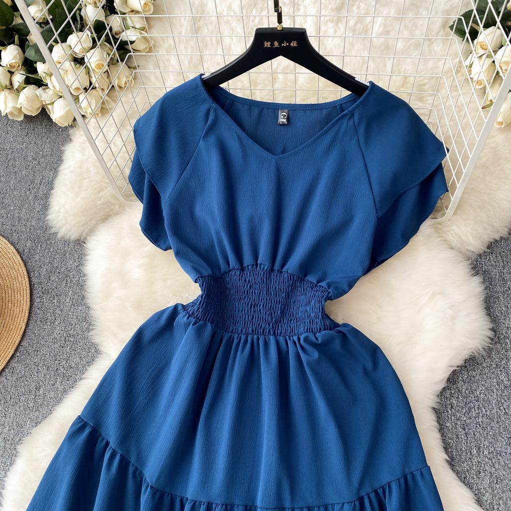 Women's Vintage Hepburn Style Dress Pleated Waist Light Luxury Temperament Swing Long Dress
