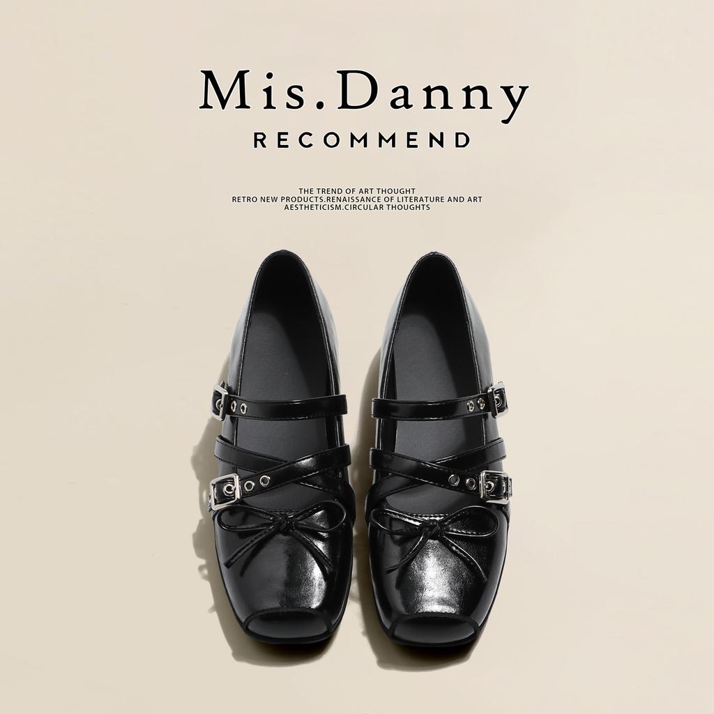 Neue Damen Ballerinas Mode Mary Jane Schuhe Designer Schleife Ballerinas für Damen Eckige Spitze Leder Einzelne Schuhe Zapatos Mujer