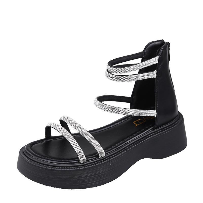 

Fairy sandals female summer 2025 new rhinestone muffin thick-soled open-toe with skirt rear zipper Korean version of Roman shoes 40 чёрный
