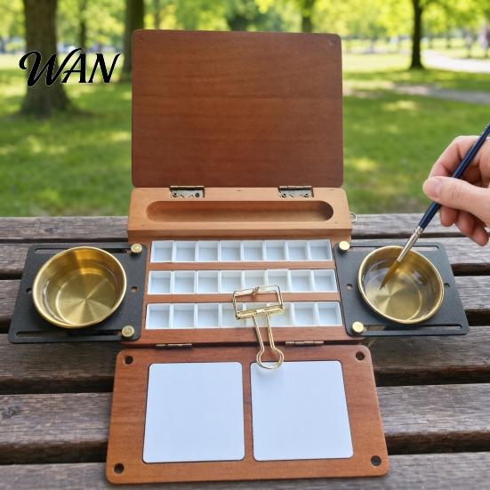 24-grid Paint Palette 24-Grid Watercolor Box, Travel with Brush Cup Holders, Metal Sliding Holder Two Mixing Areas, Wooden Portable Paintbox