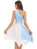 Womens One Shoulder Dance Dress Color Block Patchwork Design Asymmetrical Hem Sleeveless Performance Gown