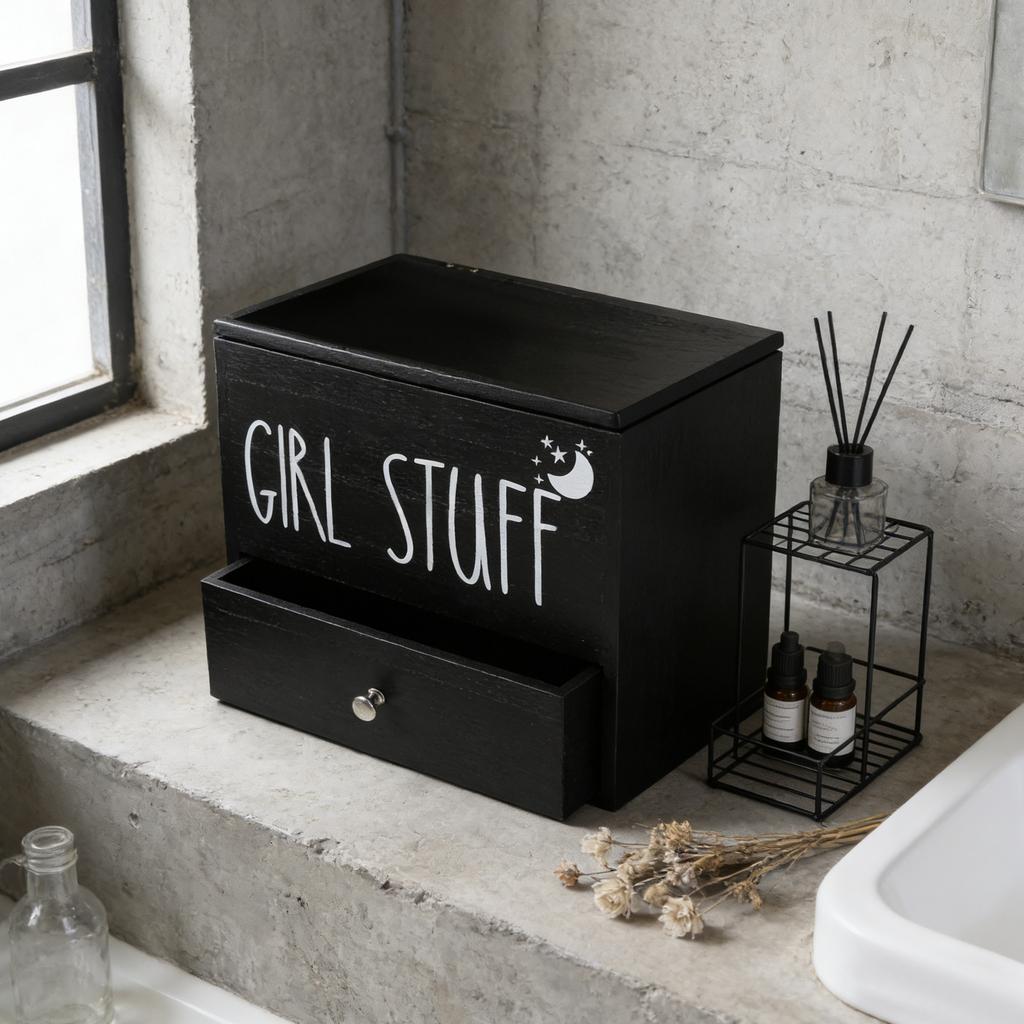 Wooden Tampon Holder with Lid Bathroom Pad Container Black Storage Box Feminine Product Organizer Moistureproof Small Bathroom