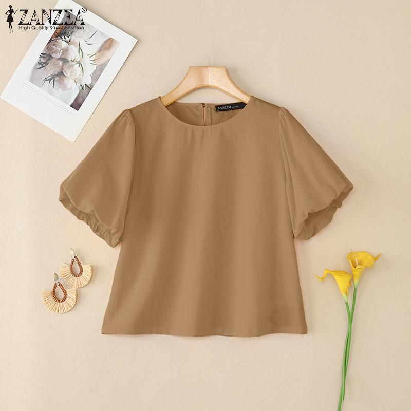 ZANZEA Women Casual Round Neck Solid Color Summer Short Sleeve Blouse