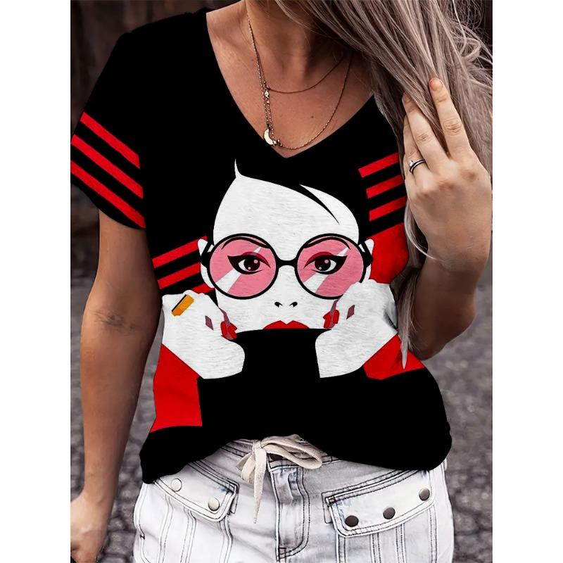Cartoon Ladies V-neck T-shirt Summer Outdoor Casual Short Sleeve Tops 3D Character Printing
