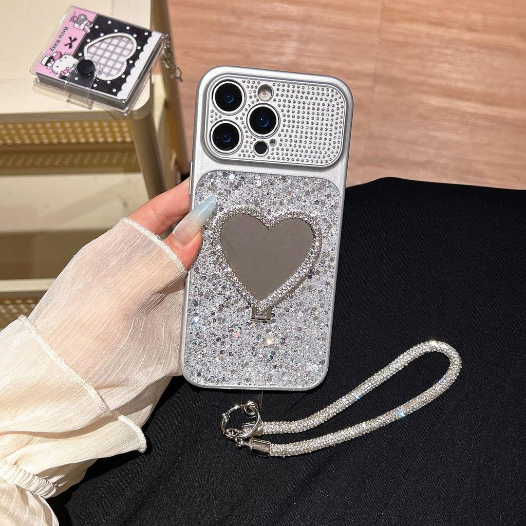 Apple 17 Pro Max High-End Rhinestone Mirror Stand Case for Women - Drop-Proof, Stylish Fit for 16 Pro and 15/14/13 Series.